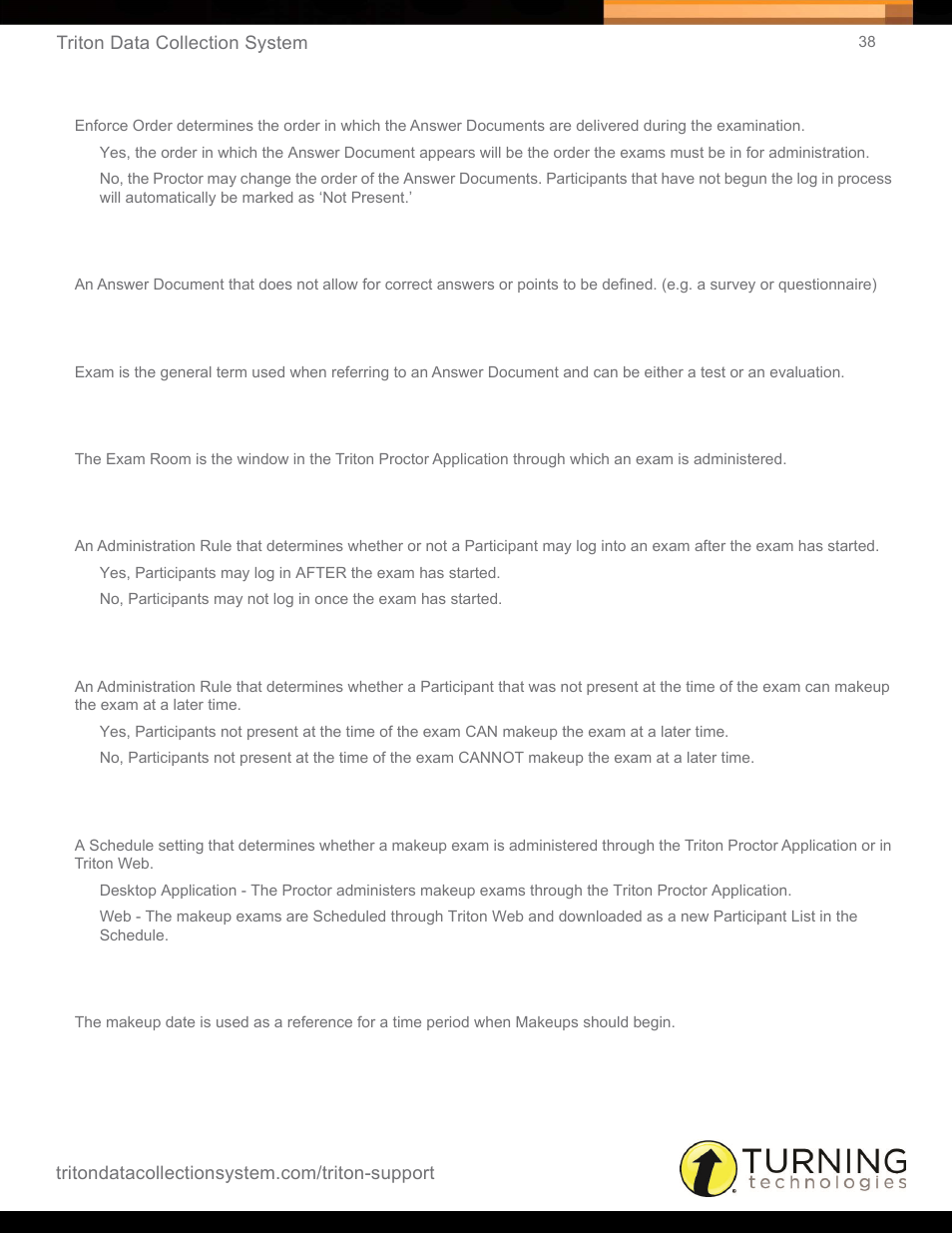 Enforce order, Evaluation, Exam | Exam room, Late entry, Makeups, Makeups created in, Makeup date | Turning Technologies Triton Web User Manual | Page 40 / 61