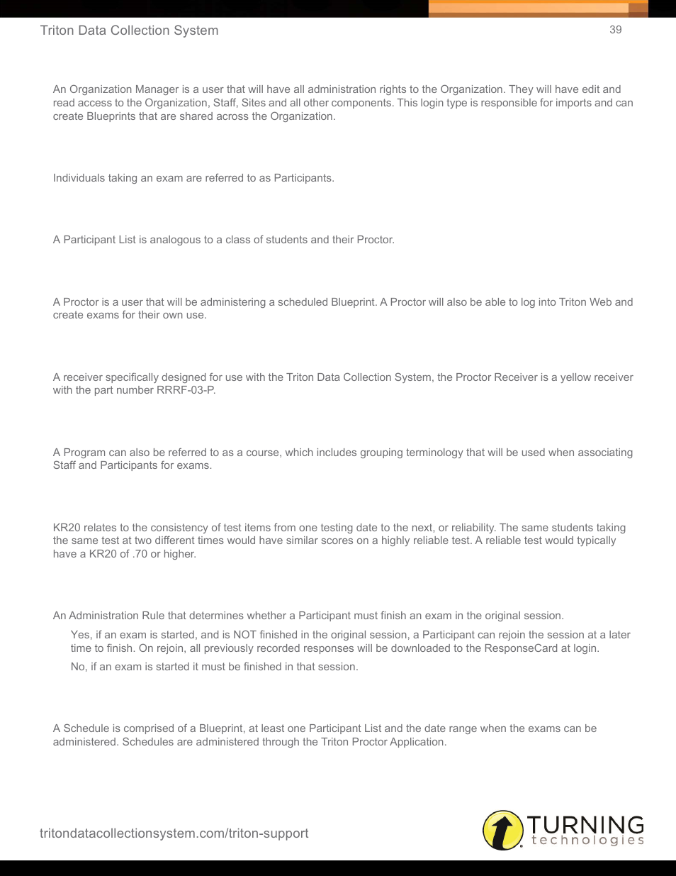 Organization manager, Participants, Participant list | Proctor, Proctor receiver, Program, Reliability coefficient (kr20), Rejoin, Schedule | Turning Technologies Triton Web User Manual | Page 41 / 61