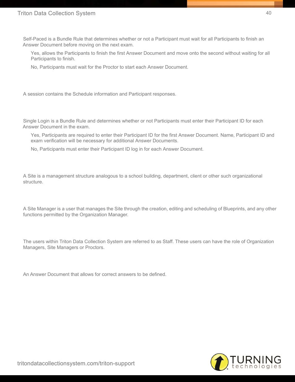 Self-paced, Session, Single login | Site, Site manager, Staff, Test | Turning Technologies Triton Web User Manual | Page 42 / 61