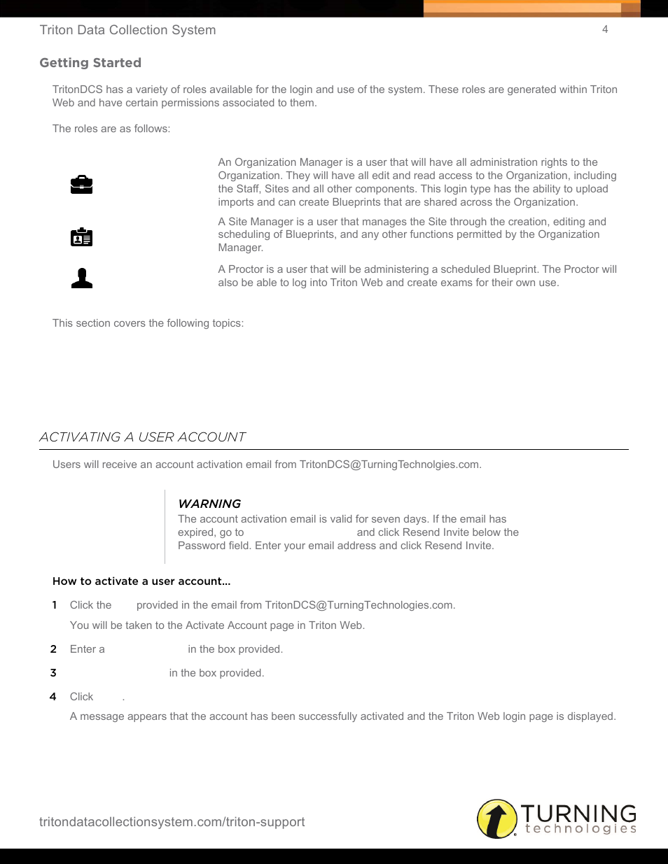 Getting started, Activating a user account | Turning Technologies Triton Web User Manual | Page 6 / 61