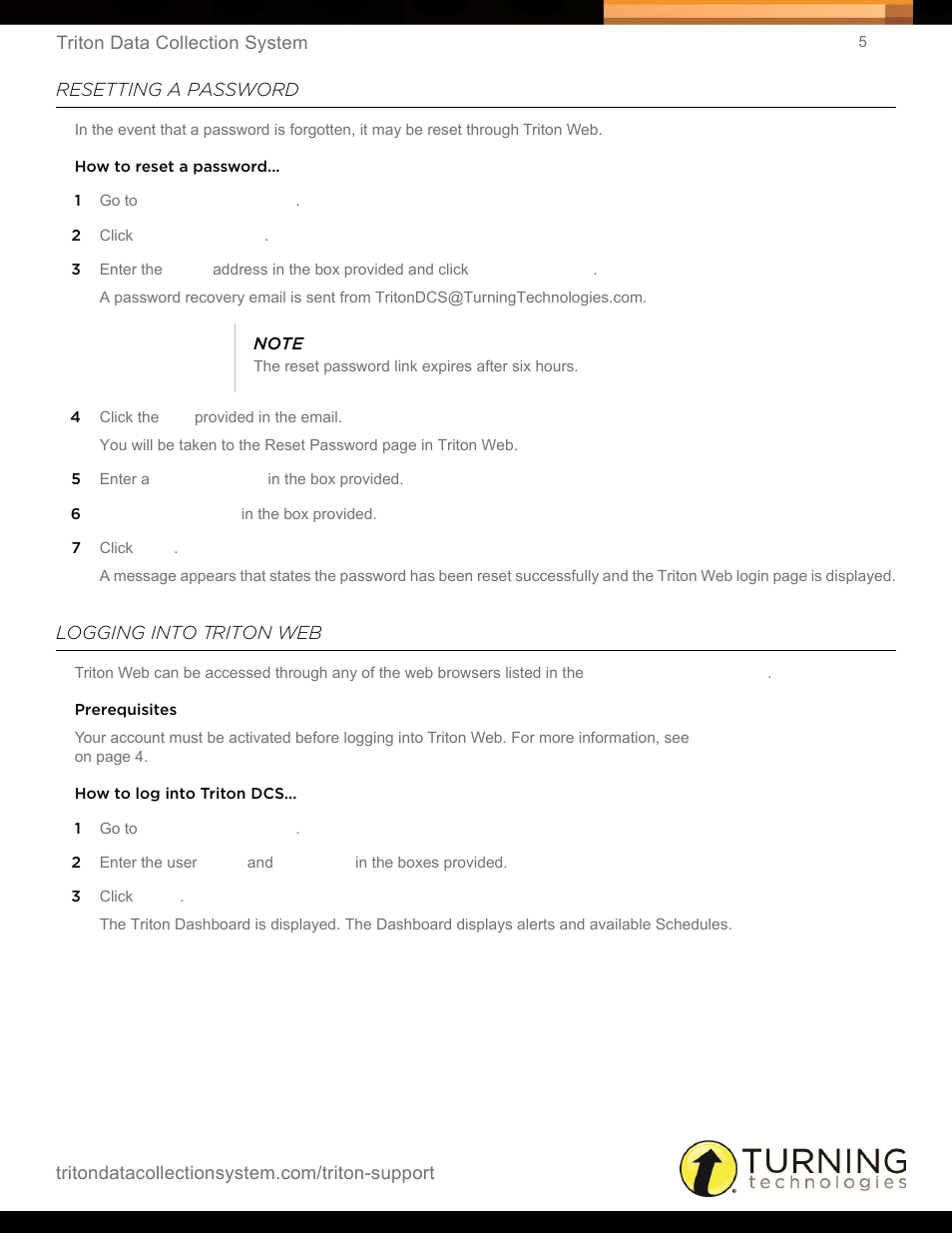 Resetting a password, Logging into triton web, Resetting a password logging into triton web | Turning Technologies Triton Web User Manual | Page 7 / 61
