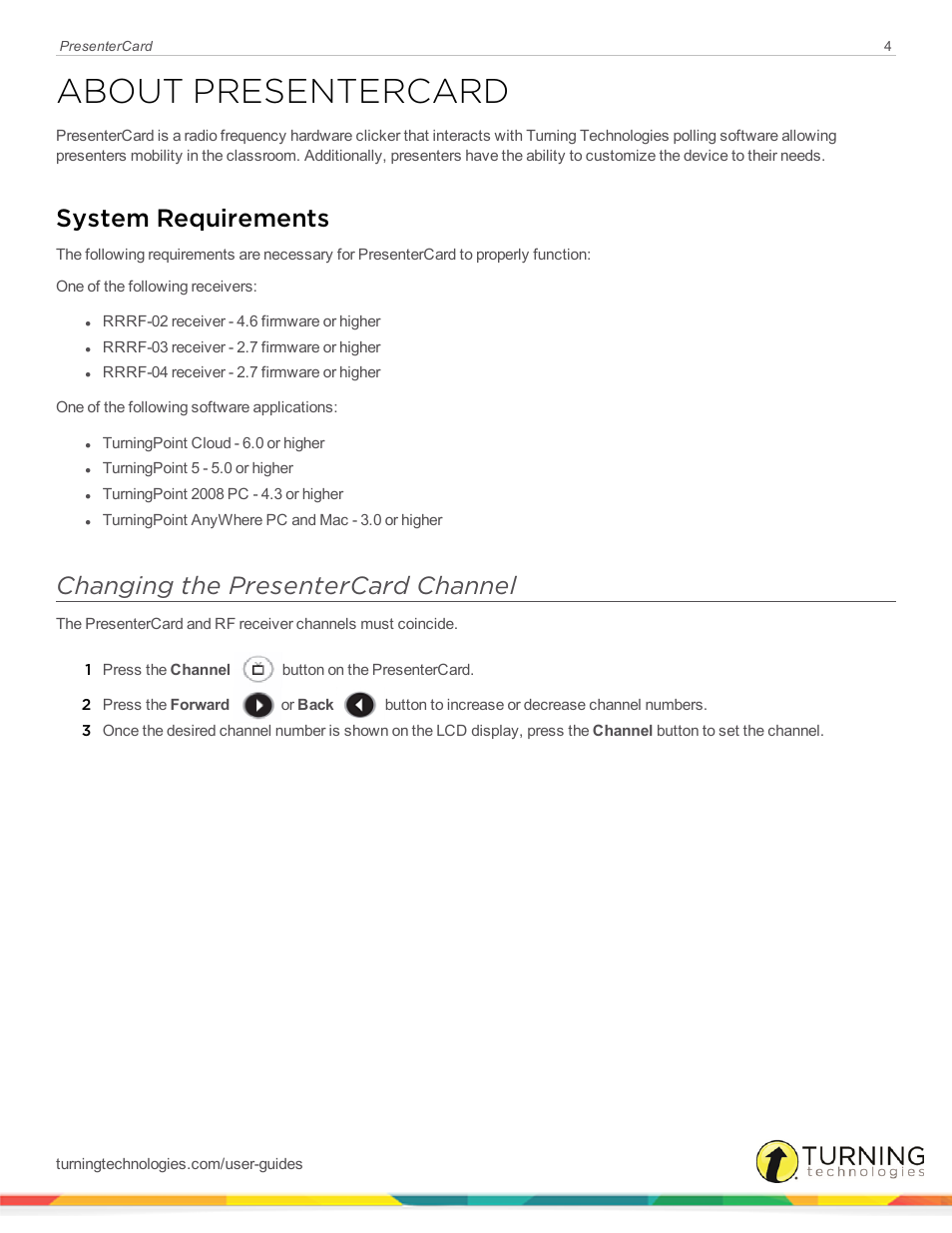 About presentercard, System requirements, Changing the presentercard channel | Turning Technologies PresenterCard User Manual | Page 4 / 10