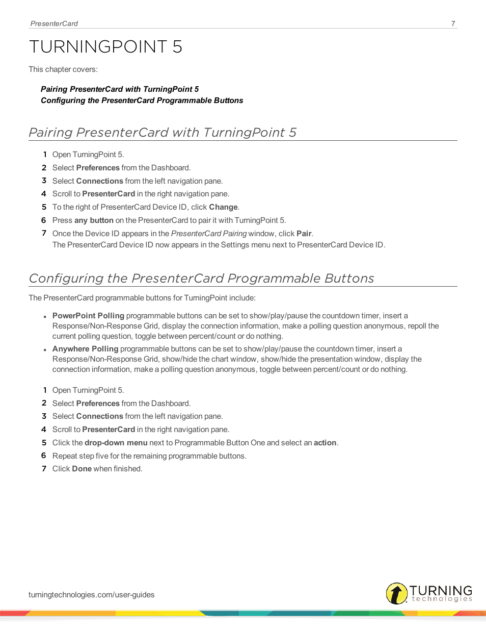 Turningpoint 5, Pairing presentercard with turningpoint 5, Configuring the presentercard programmable buttons | Turning Technologies PresenterCard User Manual | Page 7 / 10