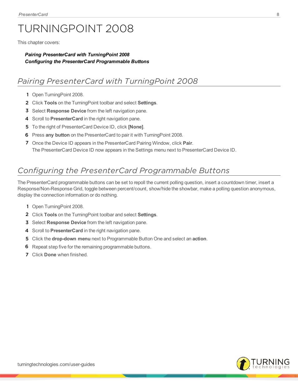 Turningpoint 2008, Pairing presentercard with turningpoint 2008, Configuring the presentercard programmable buttons | Turning Technologies PresenterCard User Manual | Page 8 / 10