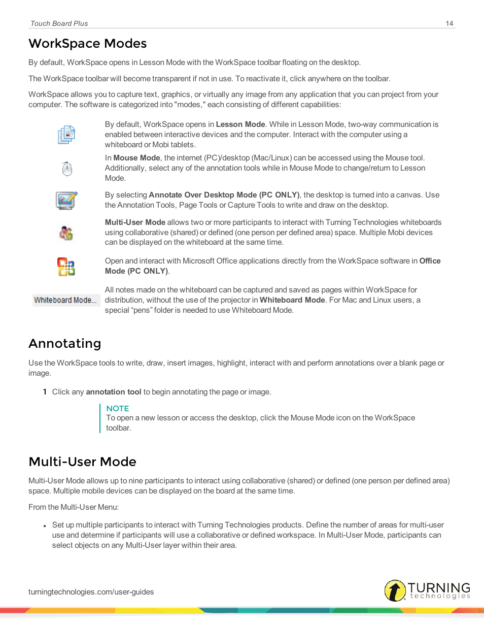 Workspace modes, Annotating, Multi-user mode | Turning Technologies Touch Board User Manual | Page 15 / 20