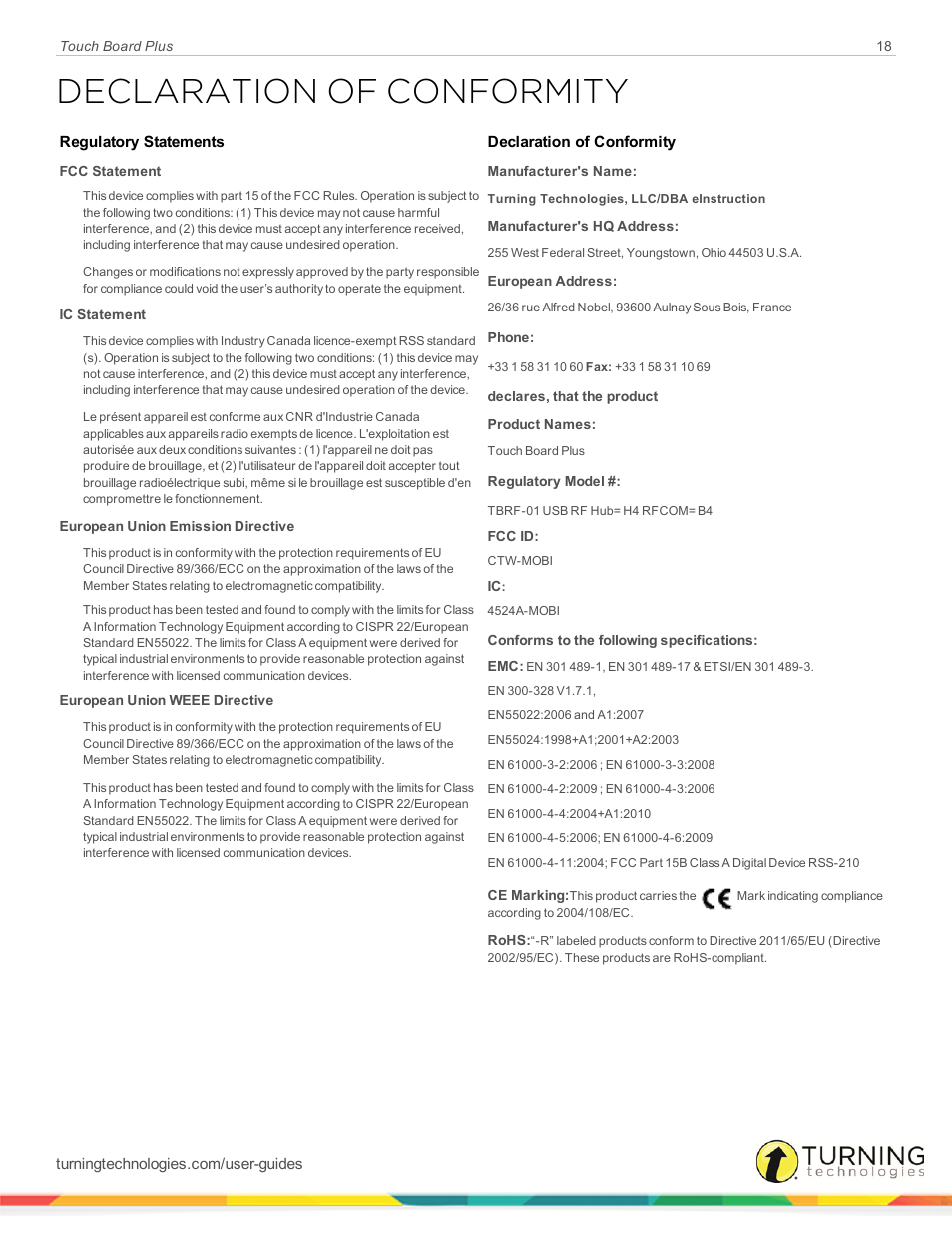 Declaration of conformity | Turning Technologies Touch Board User Manual | Page 19 / 20