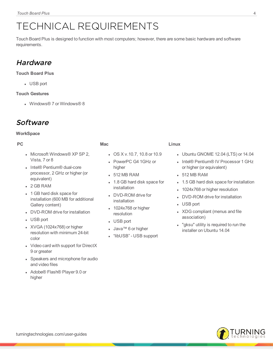 Technical requirements, Hardware, Software | Turning Technologies Touch Board User Manual | Page 5 / 20