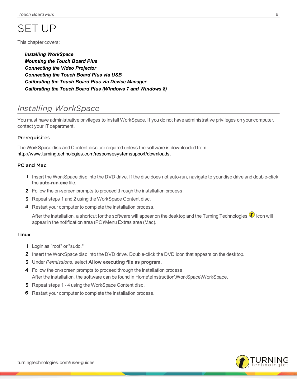 Set up, Installing workspace | Turning Technologies Touch Board User Manual | Page 7 / 20