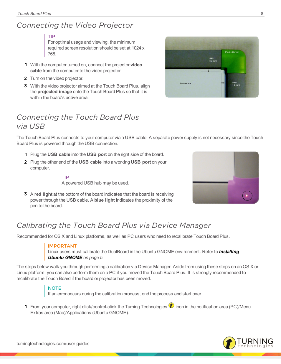 Connecting the video projector, Connecting the touch board plus via usb | Turning Technologies Touch Board User Manual | Page 9 / 20