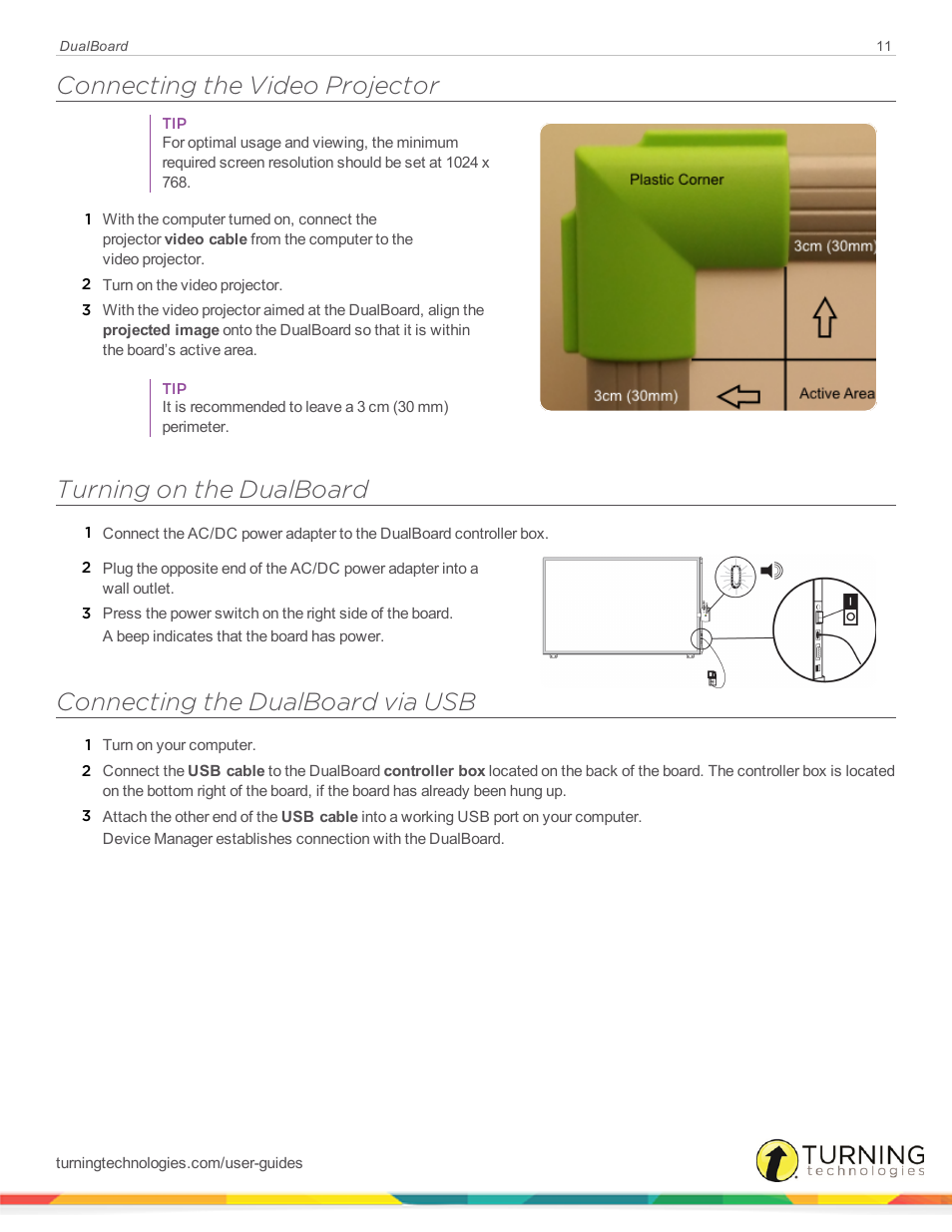 Connecting the video projector, Turning on the dualboard, Connecting the dualboard via usb | Turning Technologies DualBoard User Manual | Page 11 / 27