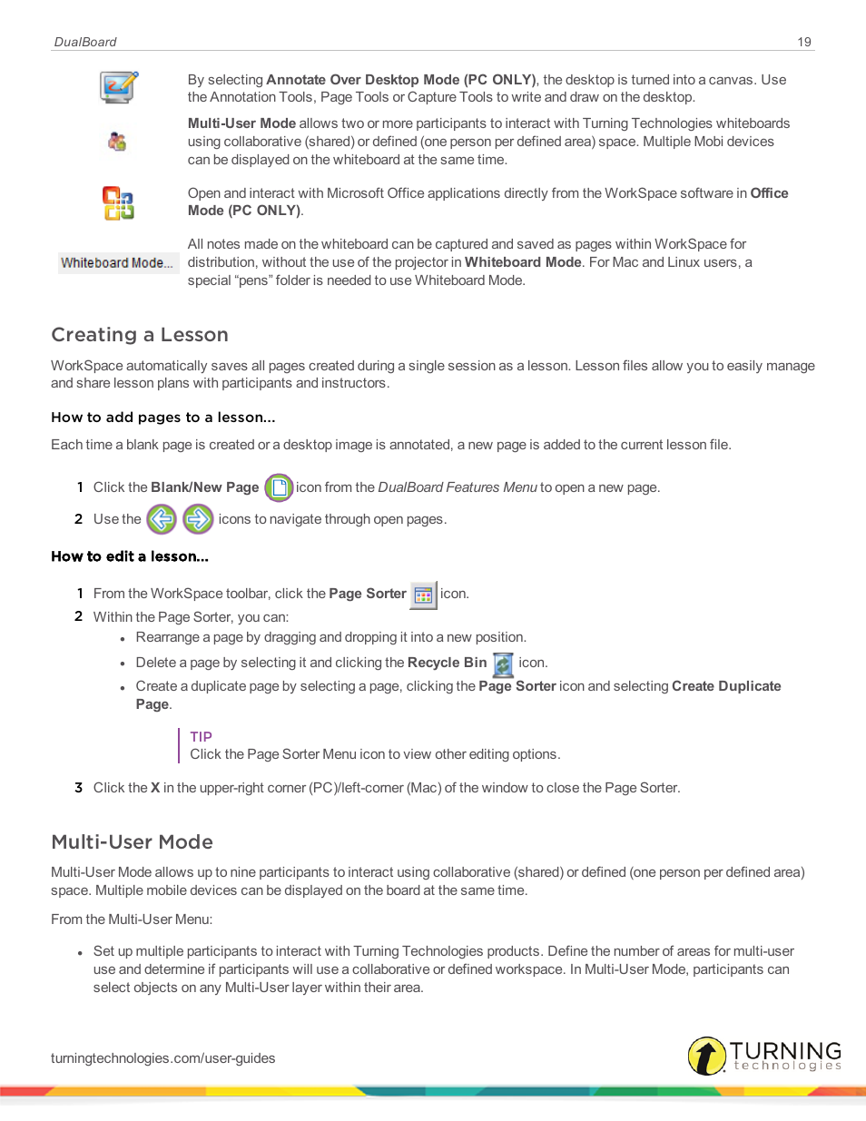 Creating a lesson, Multi-user mode | Turning Technologies DualBoard User Manual | Page 19 / 27