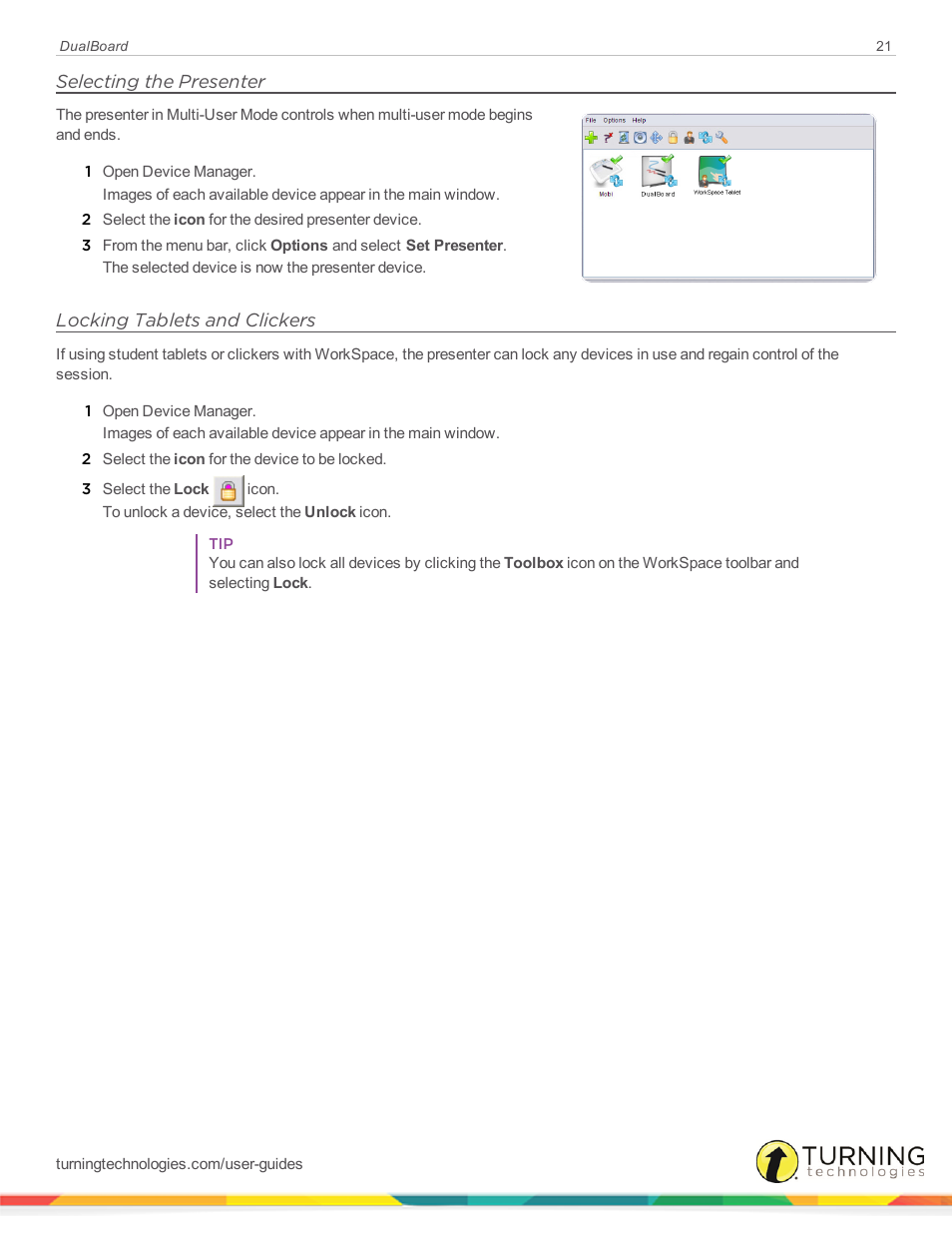 Selecting the presenter, Locking tablets and clickers | Turning Technologies DualBoard User Manual | Page 21 / 27