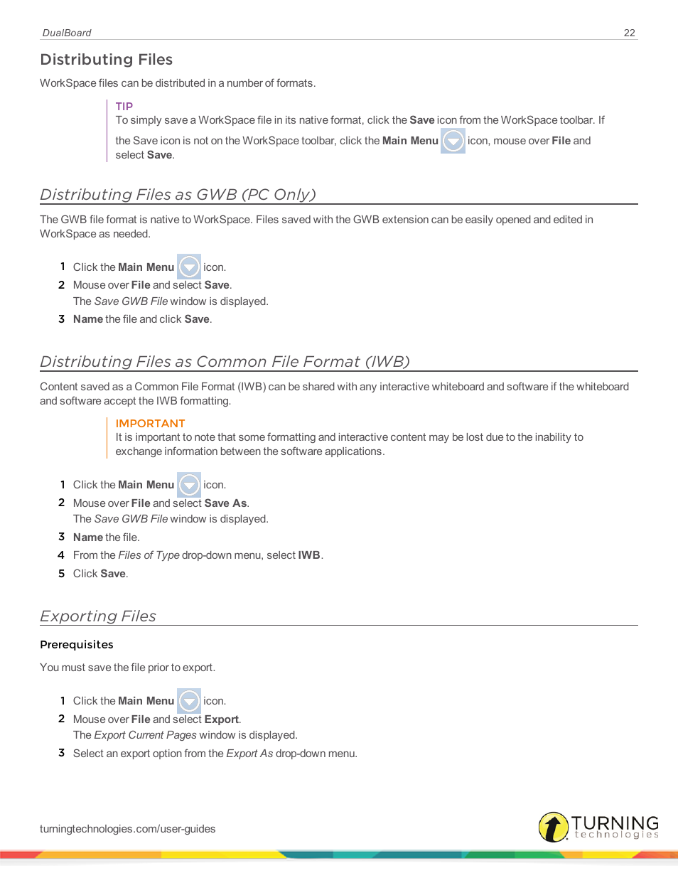 Distributing files, Distributing files as gwb (pc only), Distributing files as common file format (iwb) | Exporting files | Turning Technologies DualBoard User Manual | Page 22 / 27