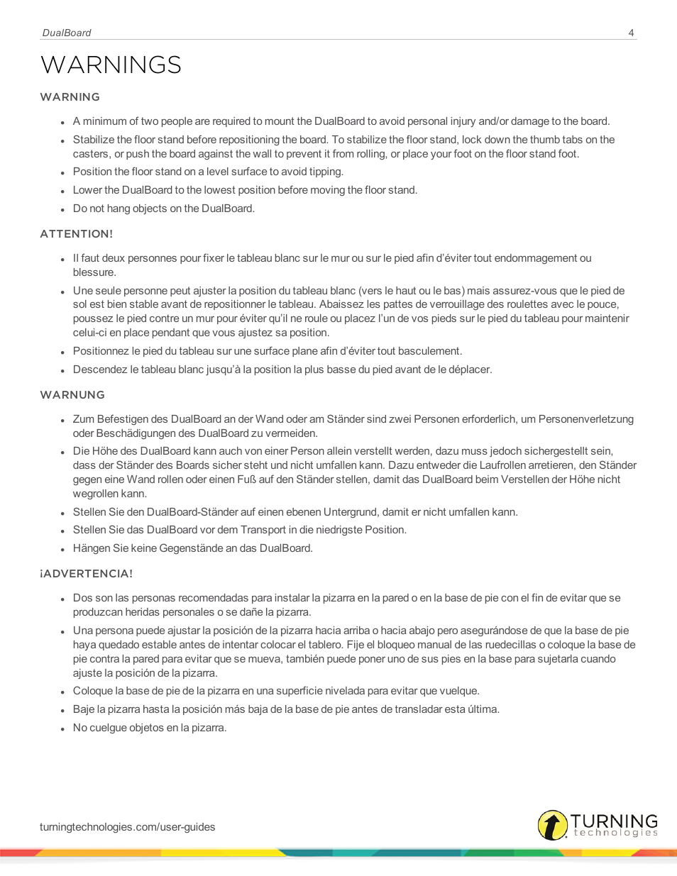 Warnings | Turning Technologies DualBoard User Manual | Page 4 / 27