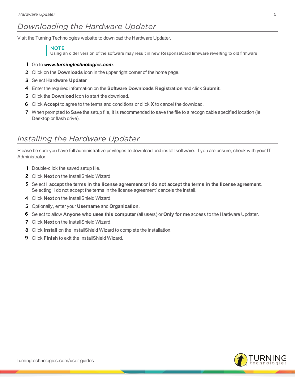 Downloading the hardware updater, Installing the hardware updater | Turning Technologies Hardware Updater User Manual | Page 5 / 9