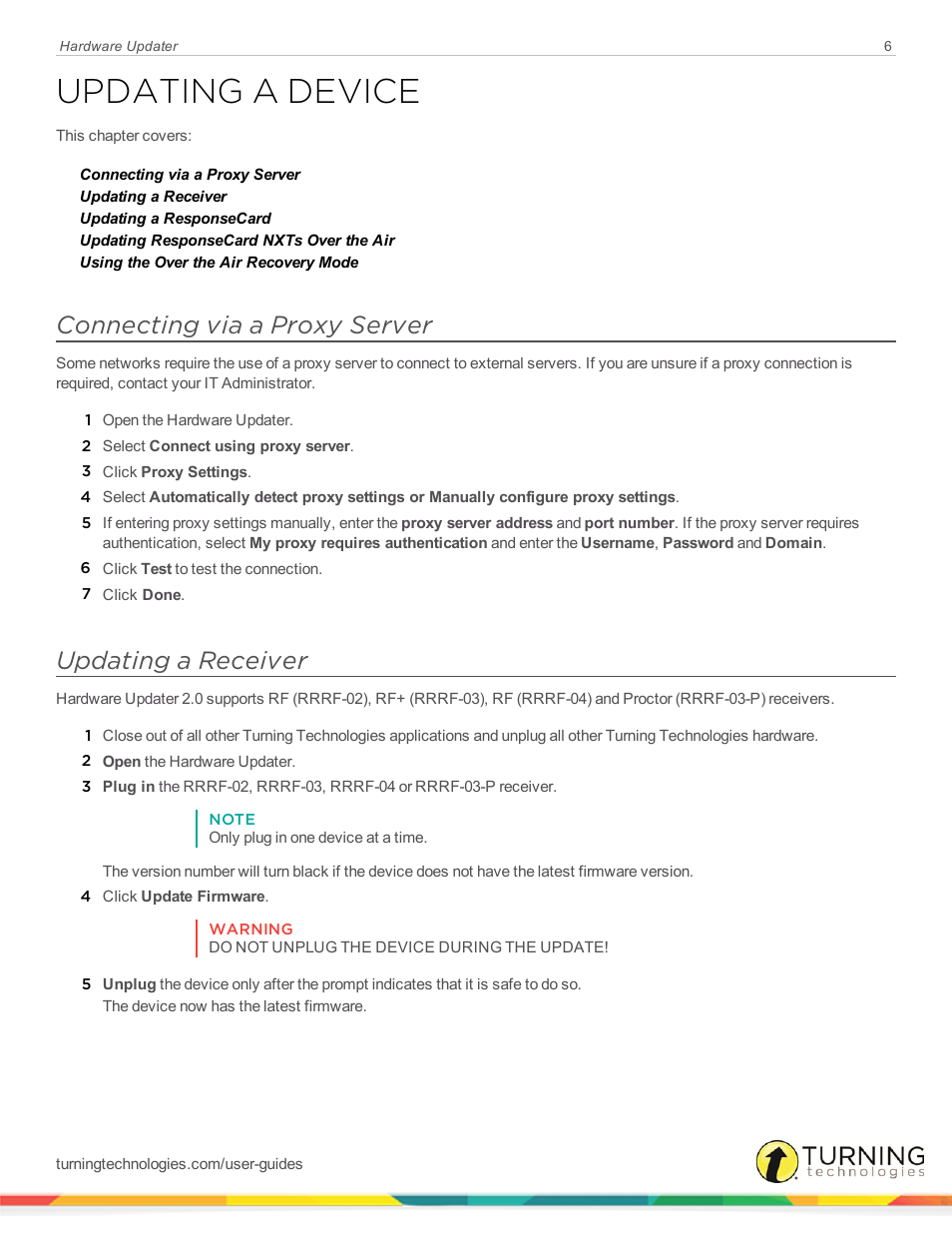 Updating a device, Connecting via a proxy server, Updating a receiver | Turning Technologies Hardware Updater User Manual | Page 6 / 9