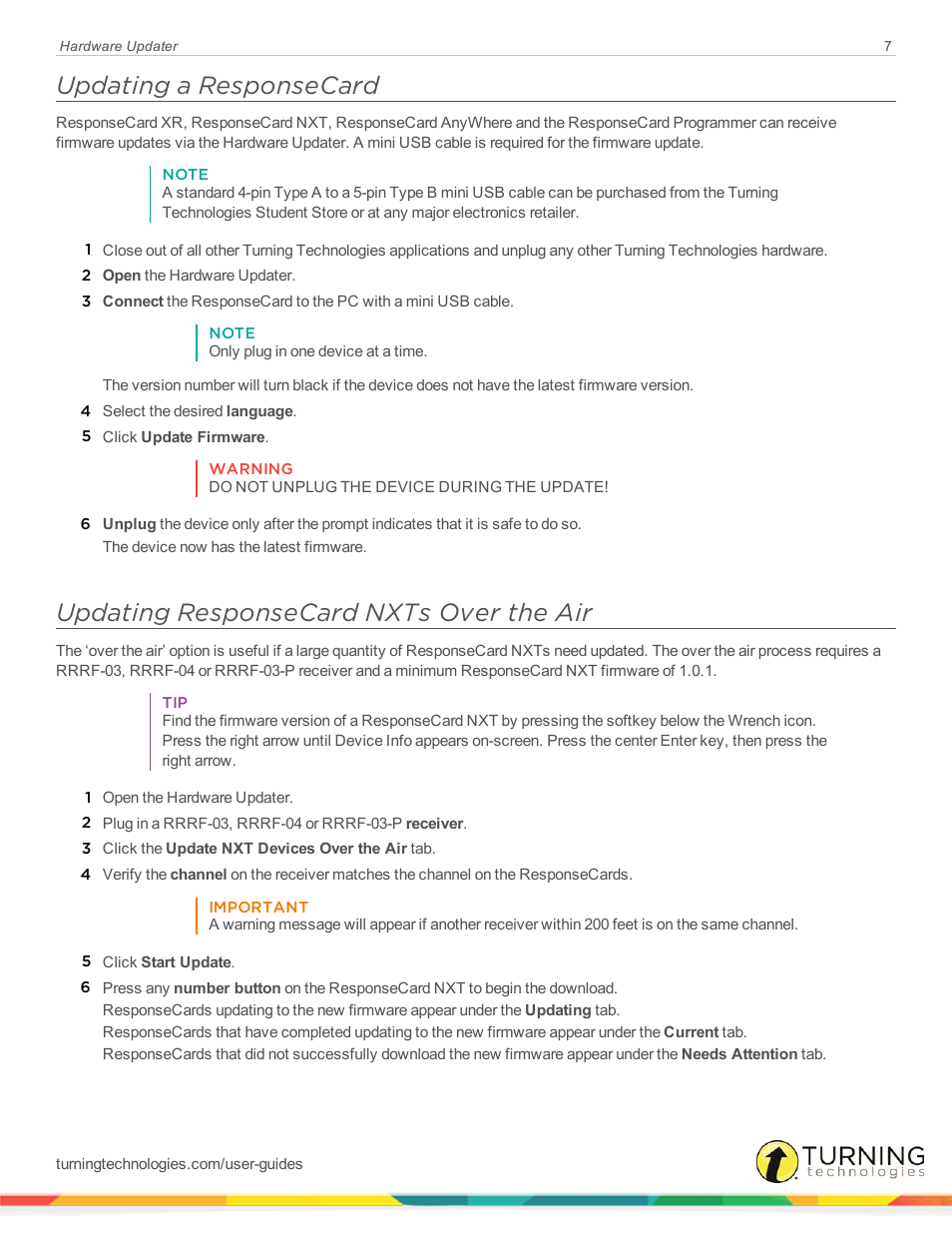 Updating a responsecard, Updating responsecard nxts over the air | Turning Technologies Hardware Updater User Manual | Page 7 / 9