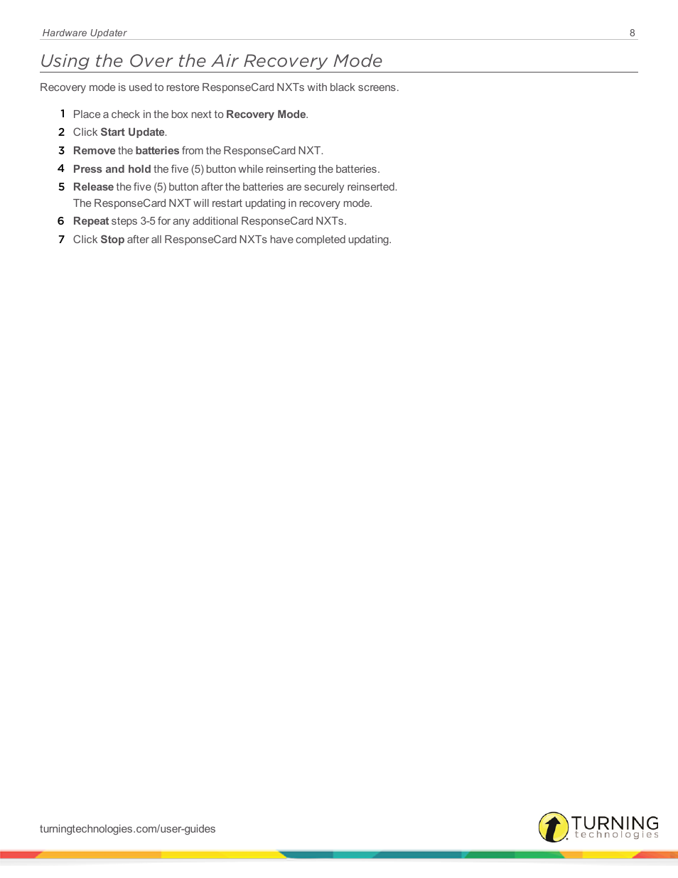 Using the over the air recovery mode | Turning Technologies Hardware Updater User Manual | Page 8 / 9
