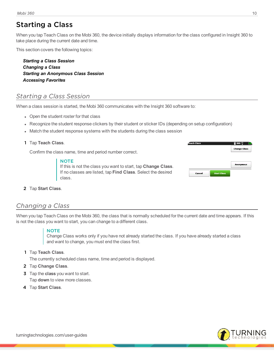 Starting a class, Starting a class session, Changing a class | Turning Technologies Mobi User Manual | Page 10 / 37