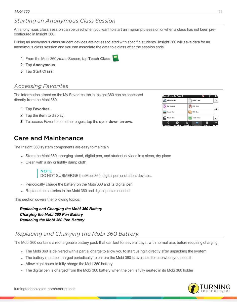 Starting an anonymous class session, Accessing favorites, Care and maintenance | Replacing and charging the mobi 360 battery | Turning Technologies Mobi User Manual | Page 11 / 37