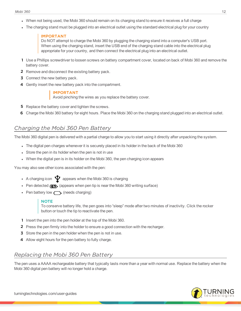Charging the mobi 360 pen battery, Replacing the mobi 360 pen battery | Turning Technologies Mobi User Manual | Page 12 / 37