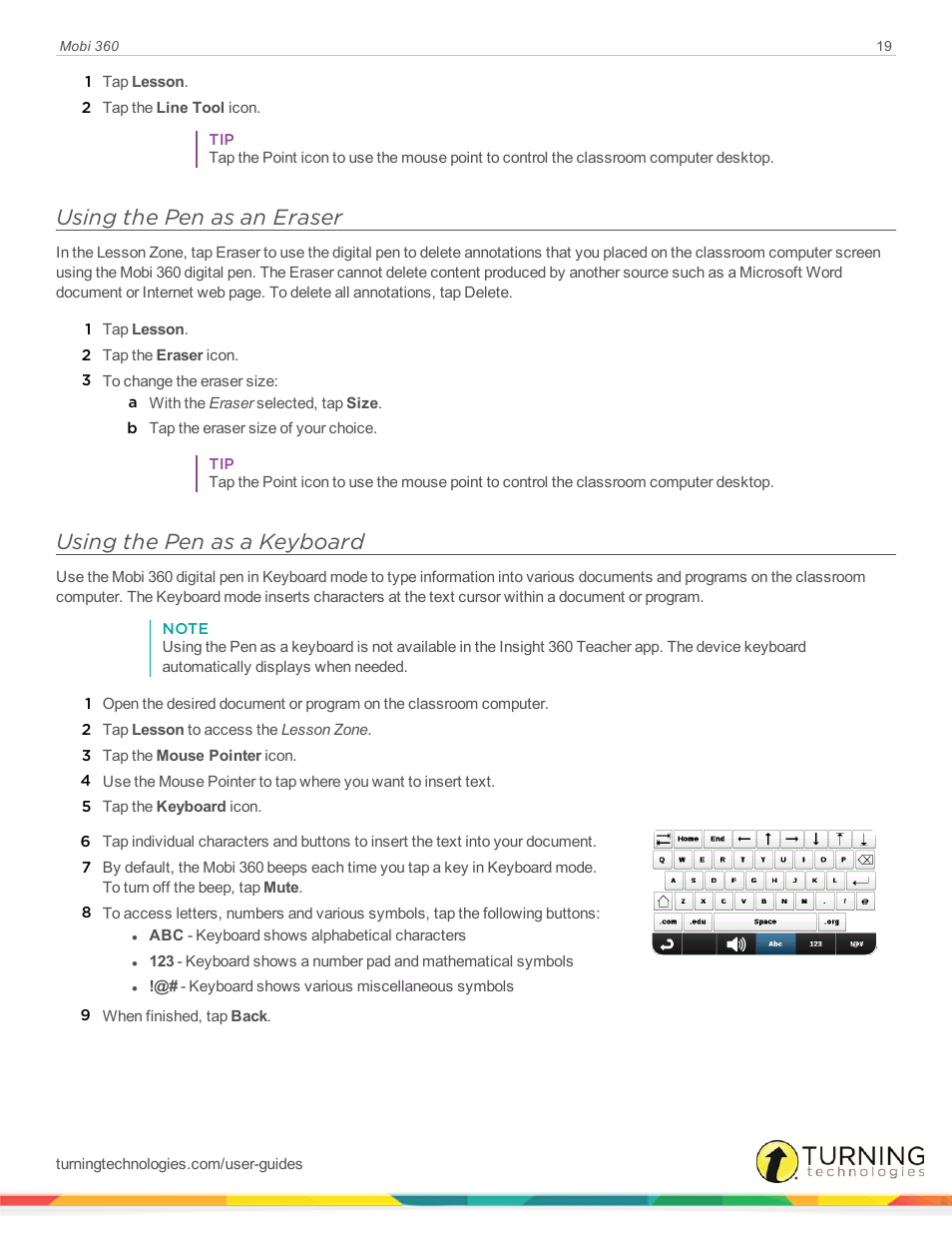 Using the pen as an eraser, Using the pen as a keyboard | Turning Technologies Mobi User Manual | Page 19 / 37