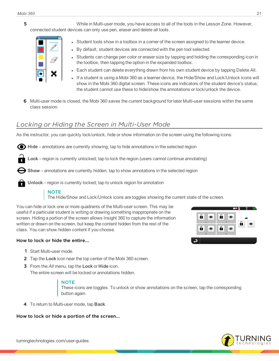 Locking or hiding the screen in multi-user mode | Turning Technologies Mobi User Manual | Page 21 / 37