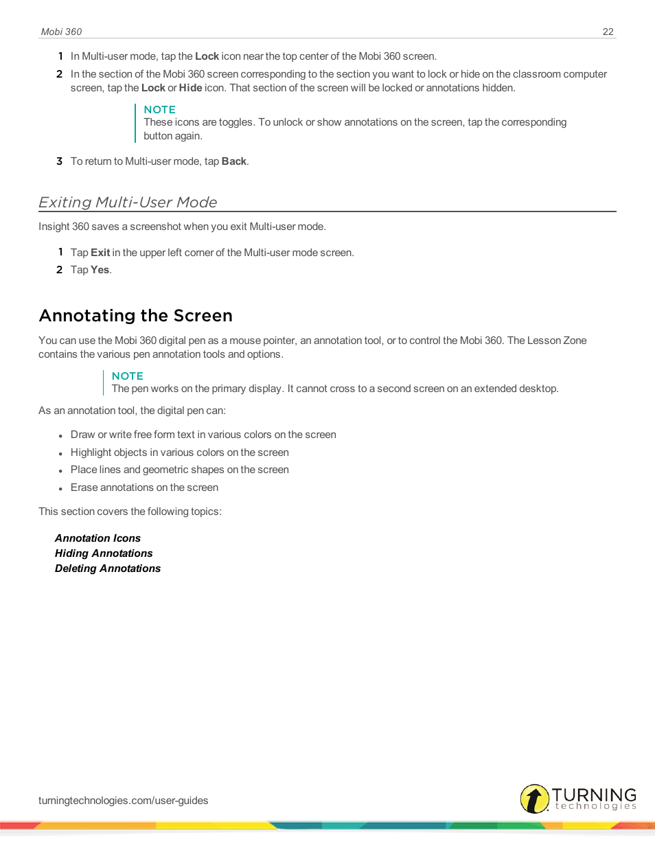 Exiting multi-user mode, Annotating the screen | Turning Technologies Mobi User Manual | Page 22 / 37