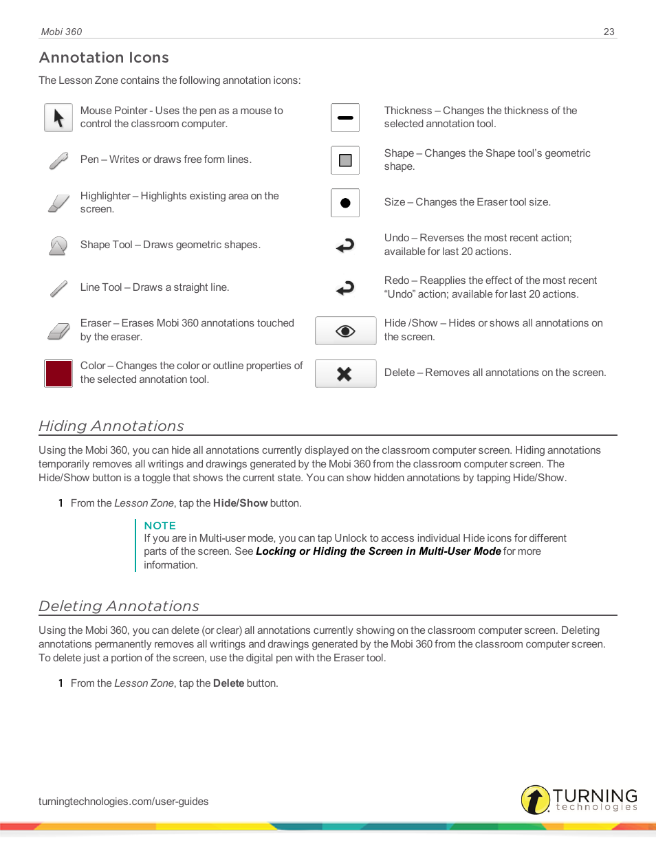 Annotation icons, Hiding annotations, Deleting annotations | Turning Technologies Mobi User Manual | Page 23 / 37