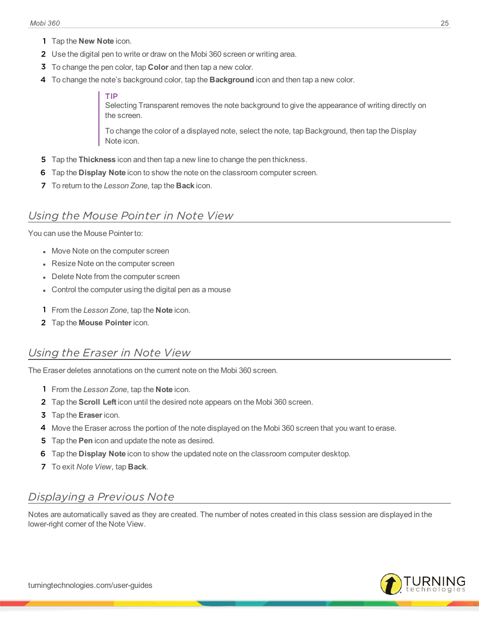 Using the mouse pointer in note view, Using the eraser in note view, Displaying a previous note | Turning Technologies Mobi User Manual | Page 25 / 37