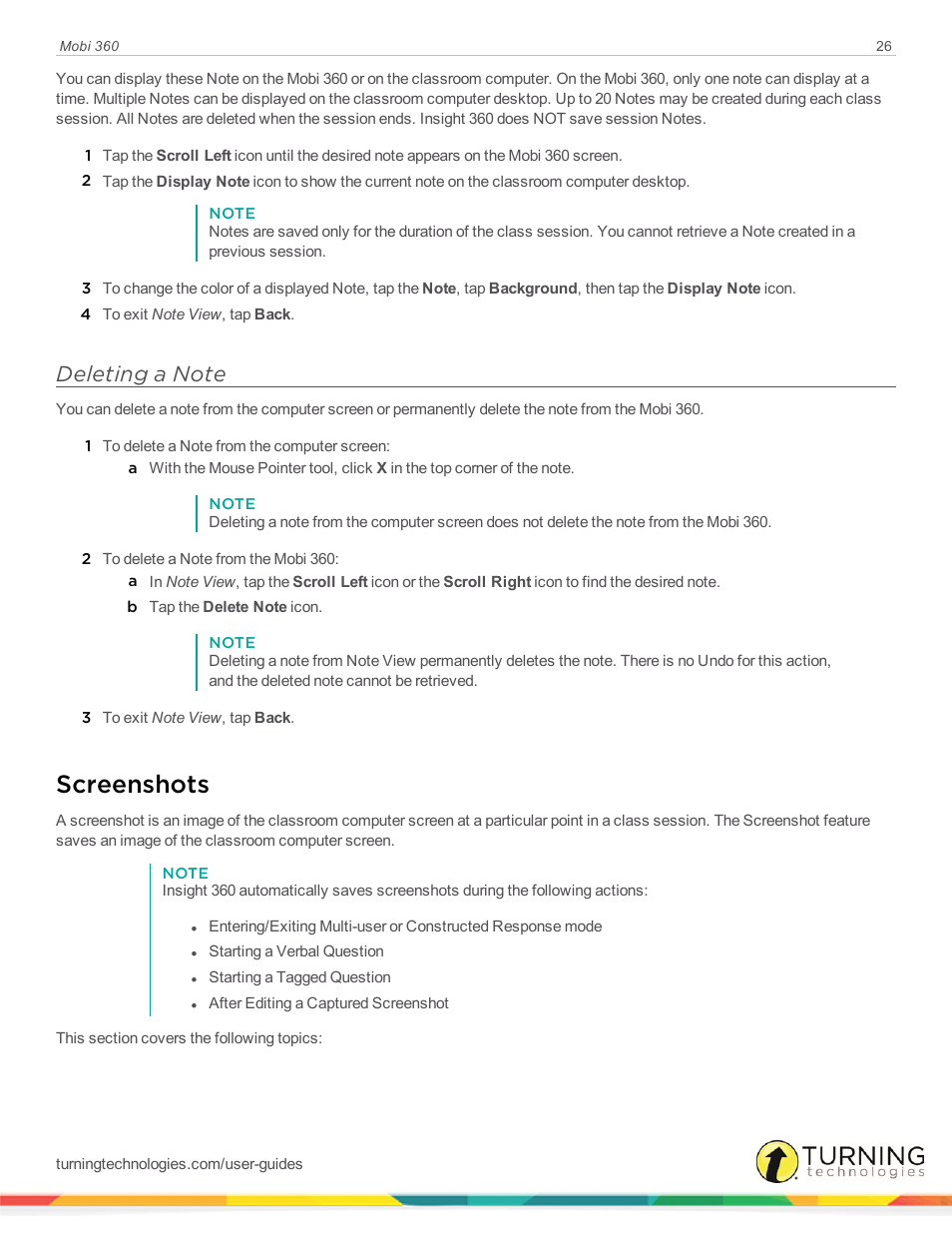 Deleting a note, Screenshots | Turning Technologies Mobi User Manual | Page 26 / 37