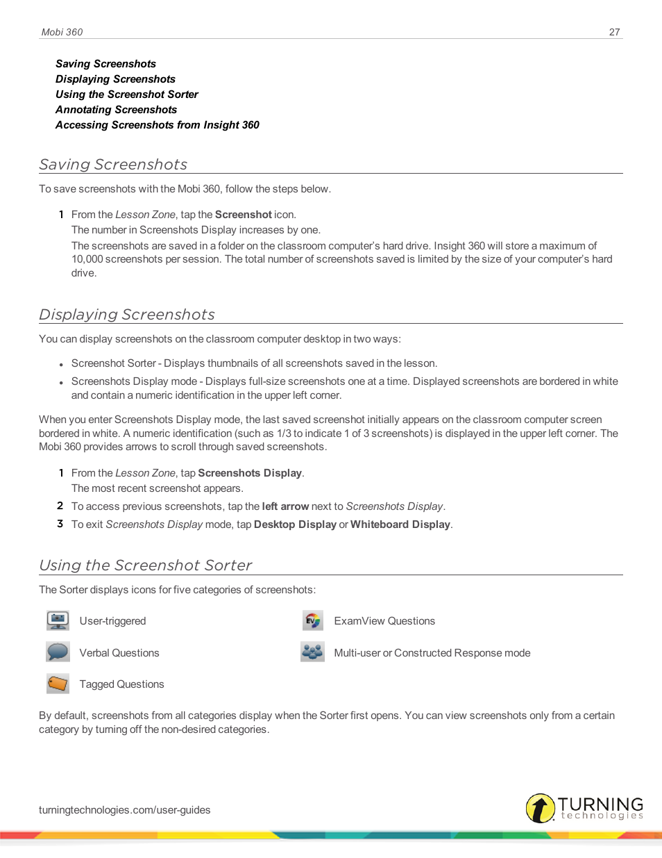 Saving screenshots, Displaying screenshots, Using the screenshot sorter | Turning Technologies Mobi User Manual | Page 27 / 37