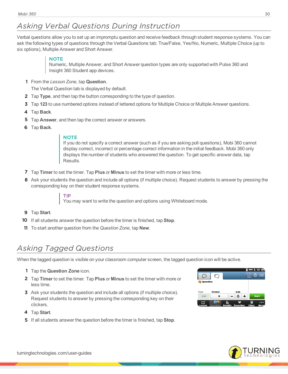 Asking verbal questions during instruction, Asking tagged questions | Turning Technologies Mobi User Manual | Page 30 / 37