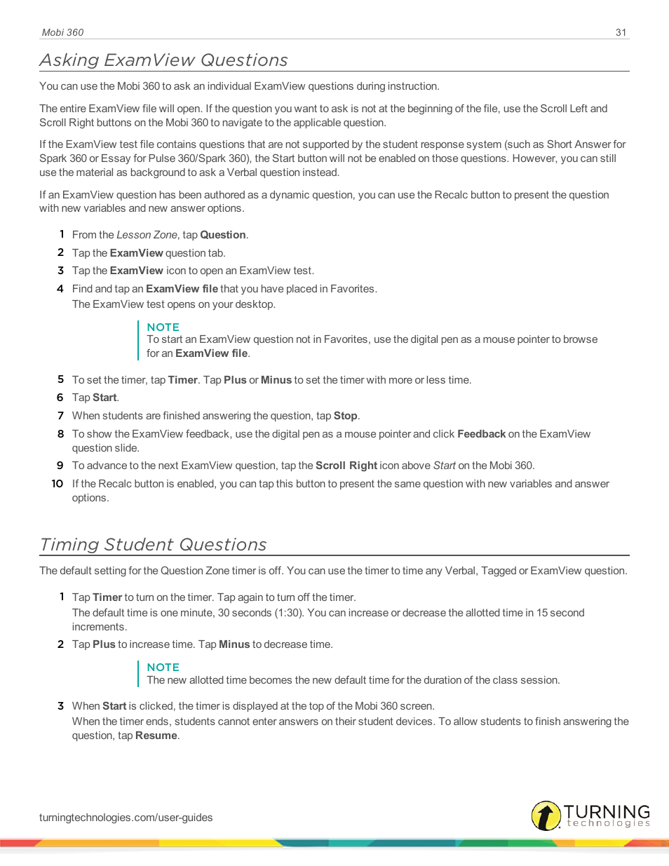 Asking examview questions, Timing student questions | Turning Technologies Mobi User Manual | Page 31 / 37