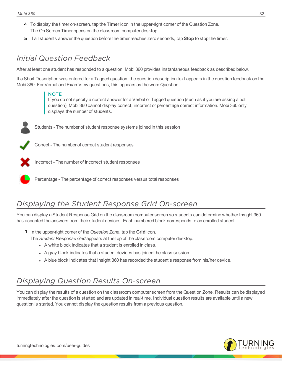 Initial question feedback, Displaying the student response grid on-screen, Displaying question results on-screen | Turning Technologies Mobi User Manual | Page 32 / 37