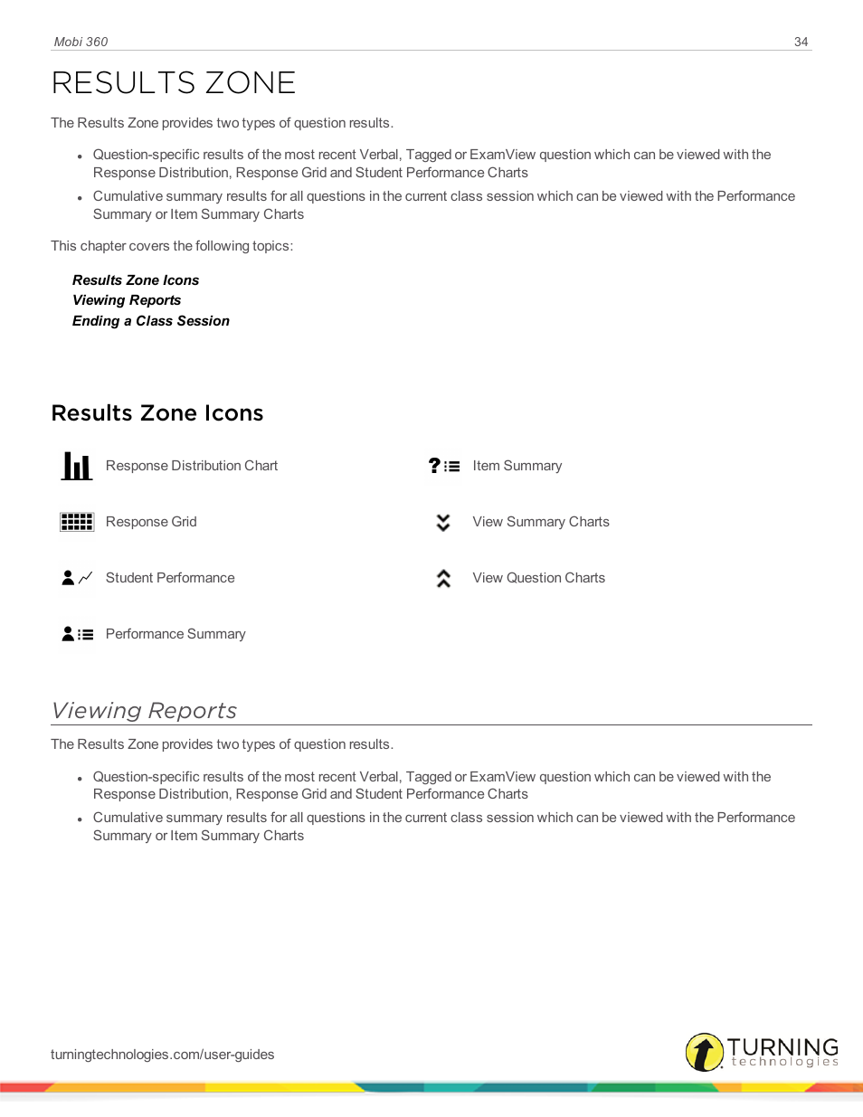 Results zone, Results zone icons, Viewing reports | Turning Technologies Mobi User Manual | Page 34 / 37