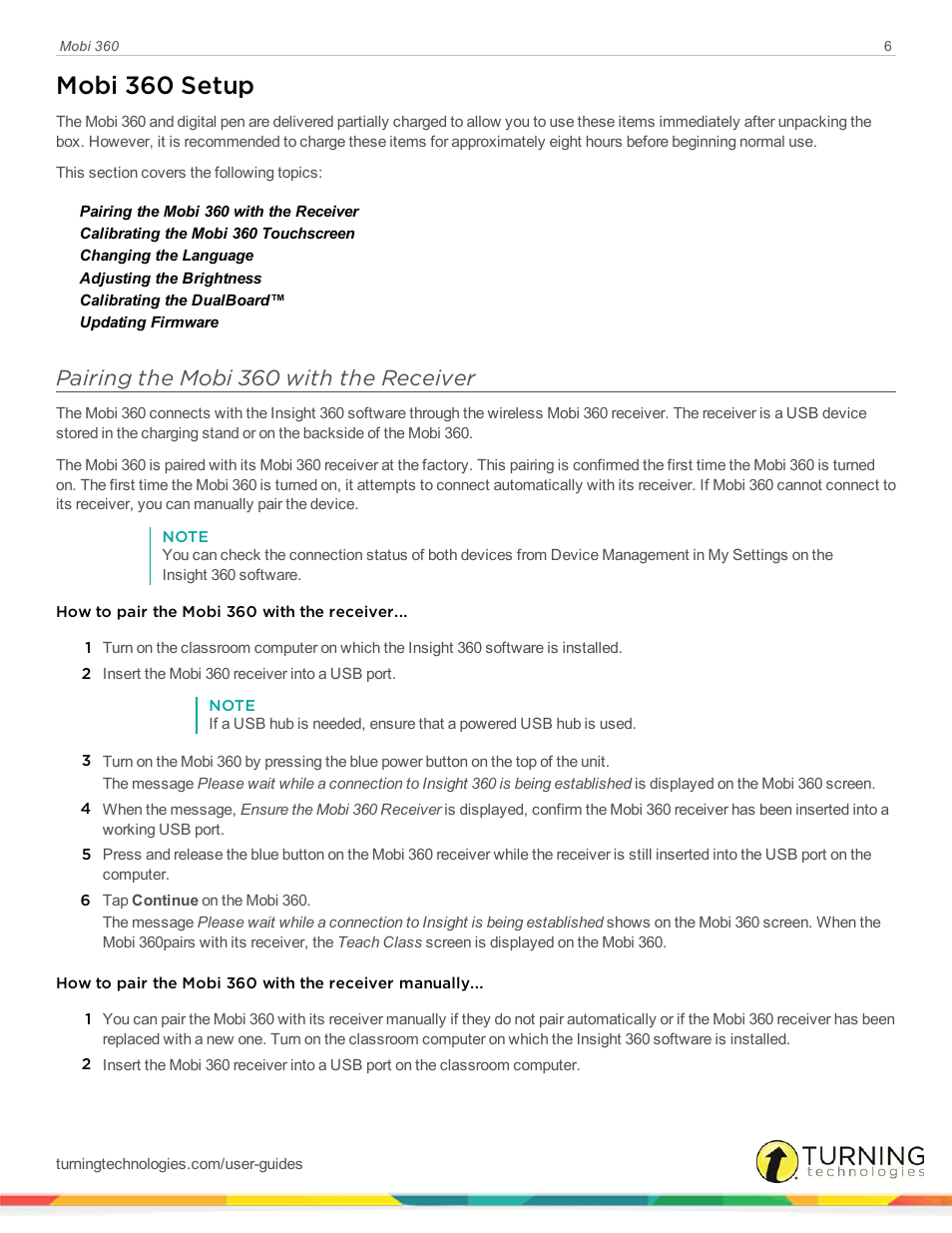 Mobi 360 setup, Pairing the mobi 360 with the receiver | Turning Technologies Mobi User Manual | Page 6 / 37