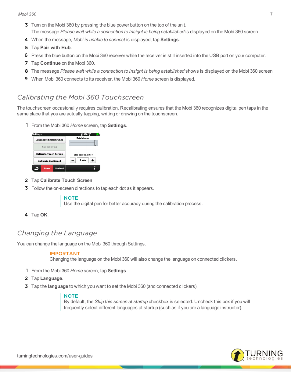Calibrating the mobi 360 touchscreen, Changing the language | Turning Technologies Mobi User Manual | Page 7 / 37