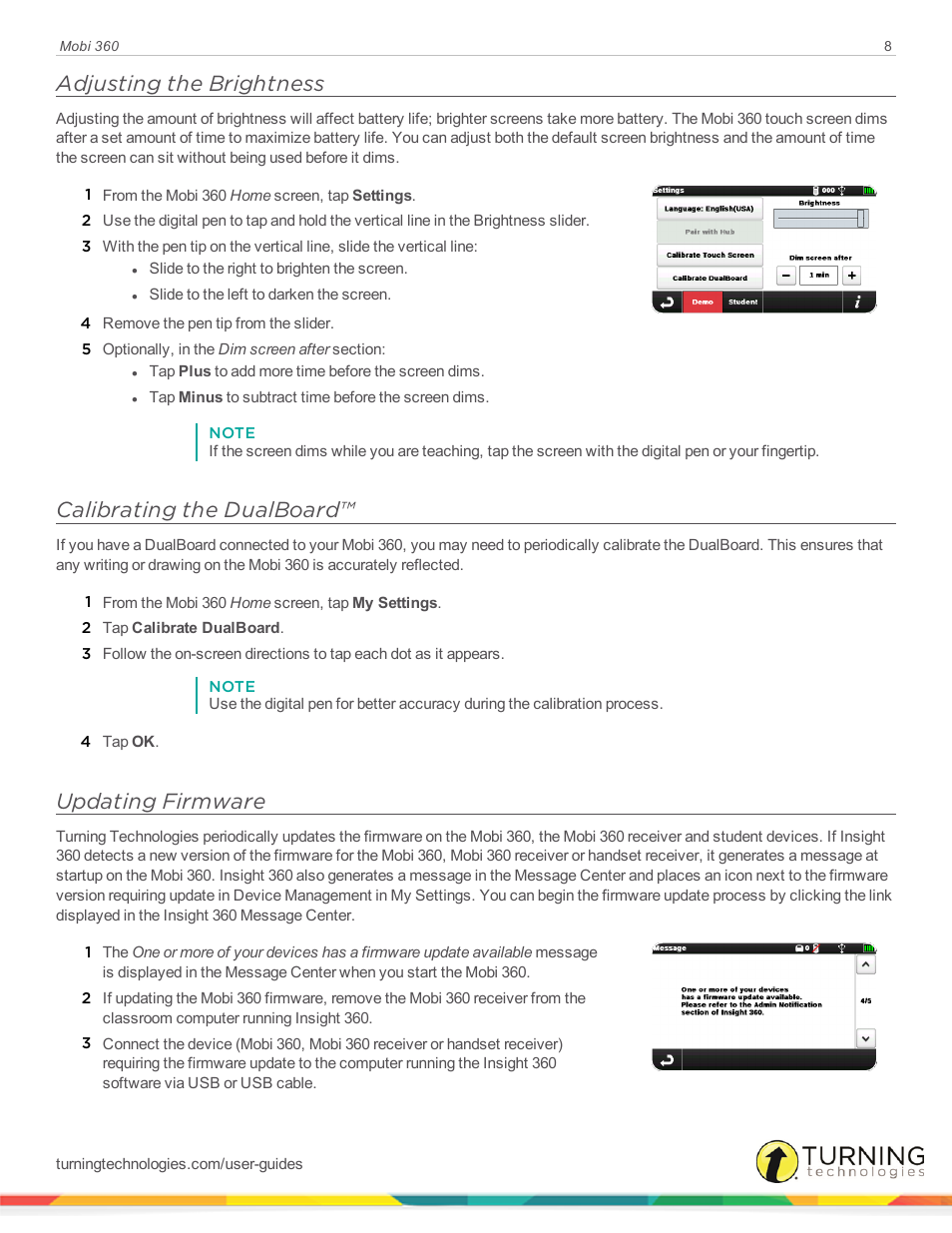 Adjusting the brightness, Calibrating the dualboard, Updating firmware | Turning Technologies Mobi User Manual | Page 8 / 37