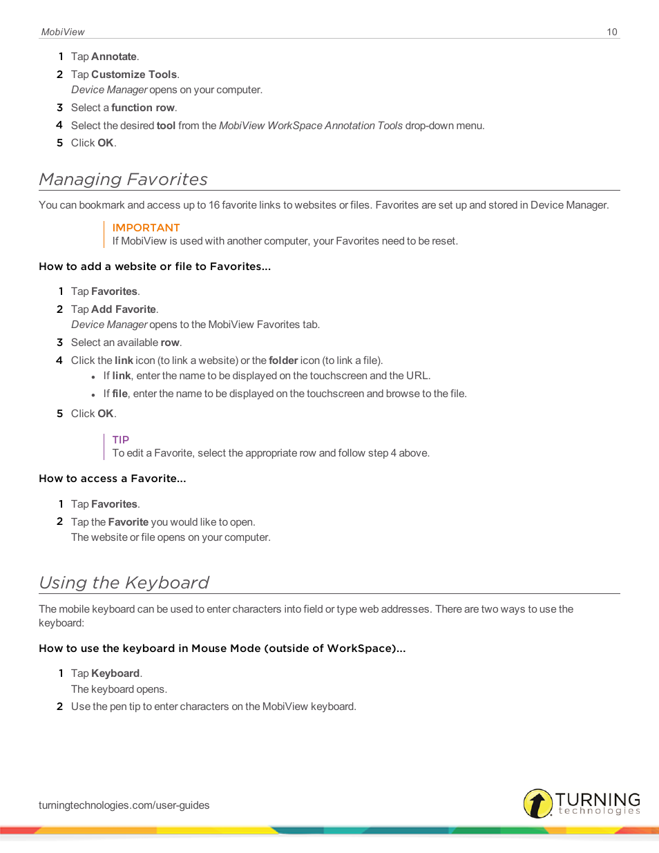 Managing favorites, Using the keyboard | Turning Technologies Mobi User Manual | Page 10 / 16