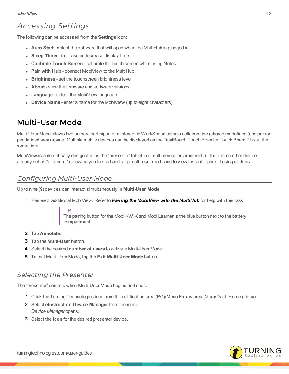 Accessing settings, Multi-user mode, Configuring multi-user mode | Selecting the presenter | Turning Technologies Mobi User Manual | Page 12 / 16