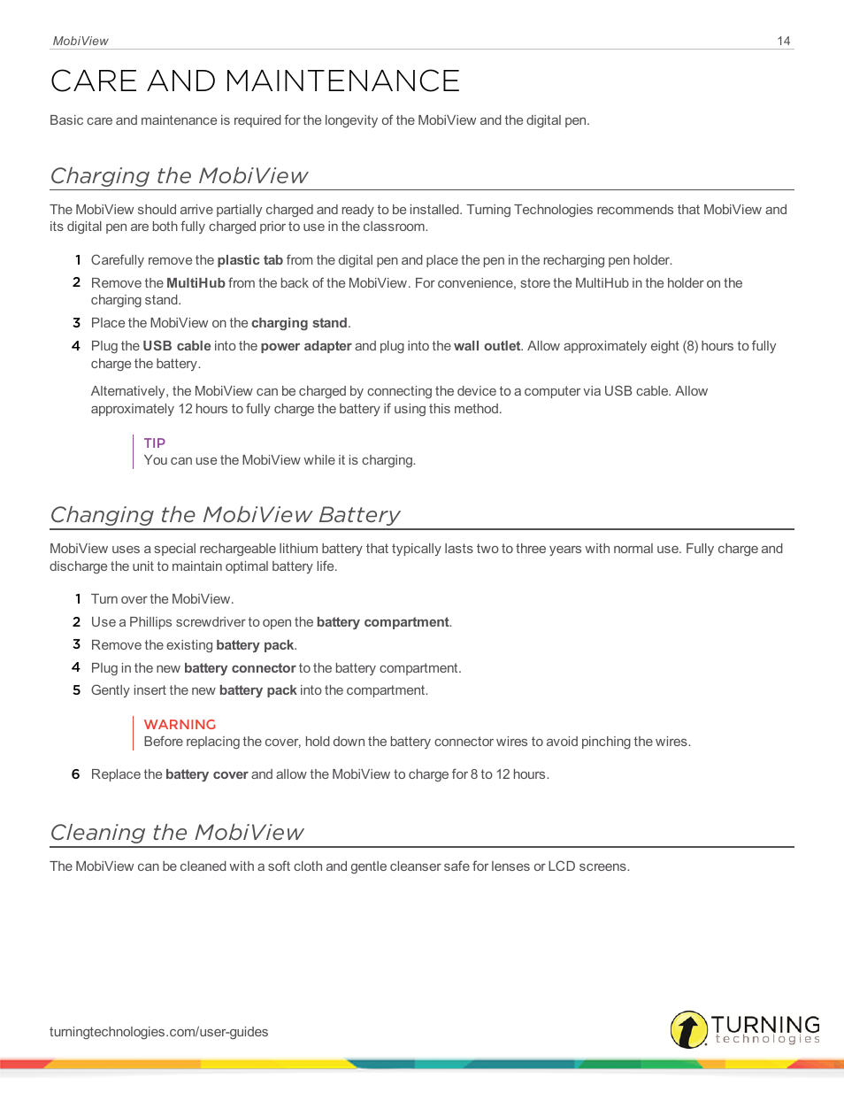 Care and maintenance, Charging the mobiview, Changing the mobiview battery | Cleaning the mobiview | Turning Technologies Mobi User Manual | Page 14 / 16