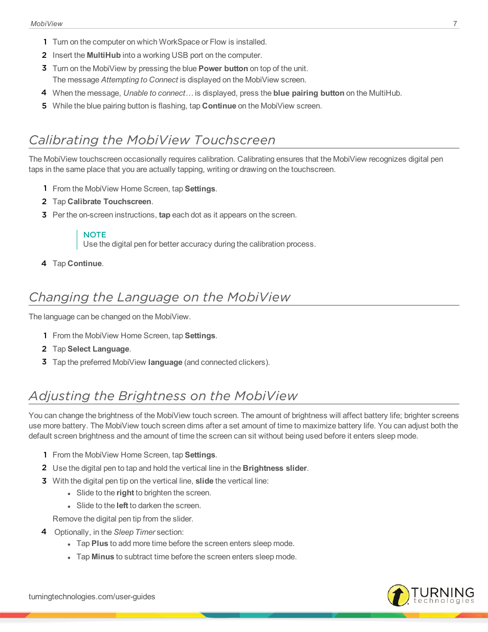 Calibrating the mobiview touchscreen, Changing the language on the mobiview, Adjusting the brightness on the mobiview | Turning Technologies Mobi User Manual | Page 7 / 16