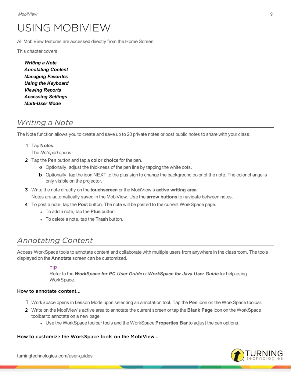 Using mobiview, Writing a note, Annotating content | Turning Technologies Mobi User Manual | Page 9 / 16