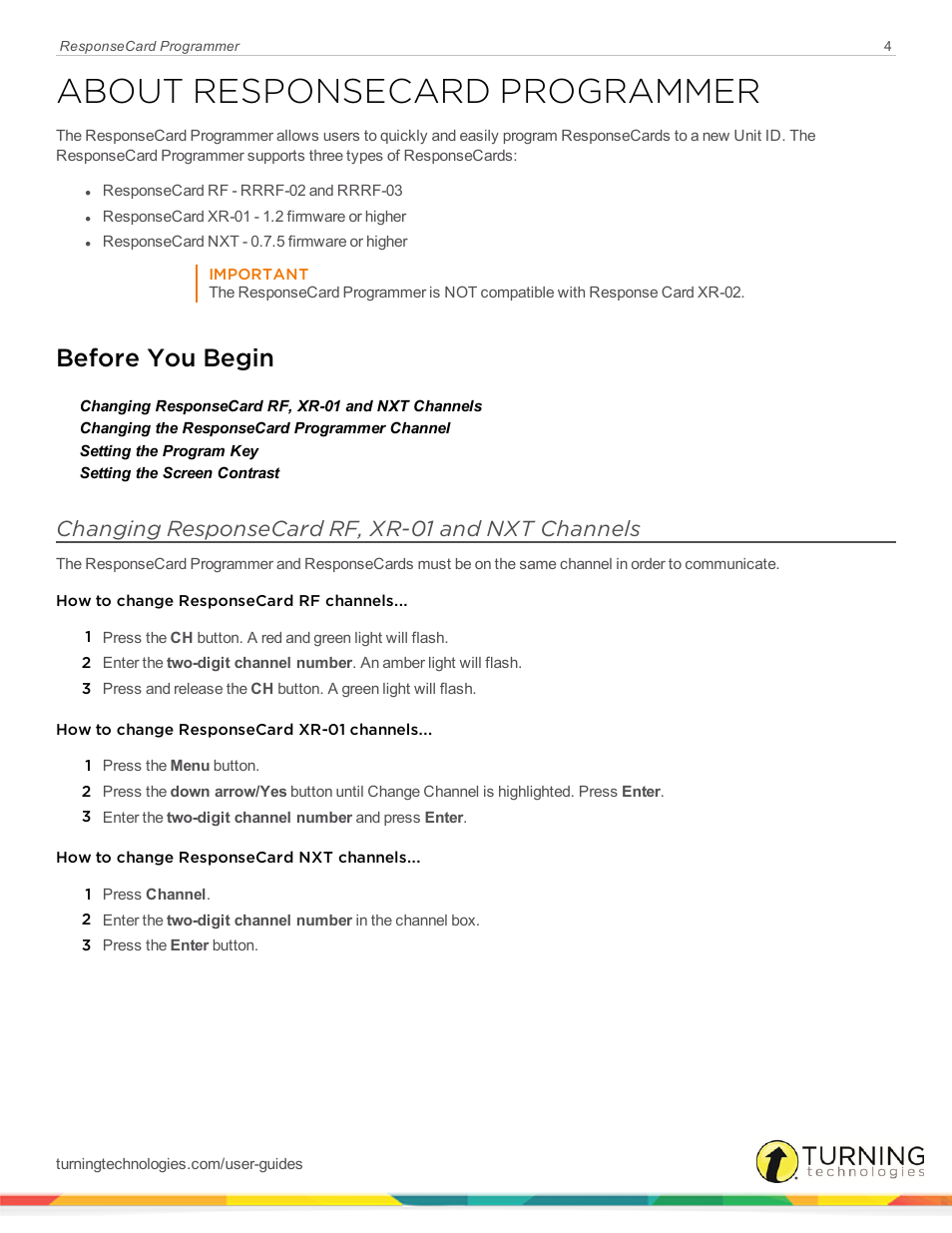 About responsecard programmer, Before you begin, Changing responsecard rf, xr-01 and nxt channels | Turning Technologies ResponseCard Programmer User Manual | Page 4 / 10