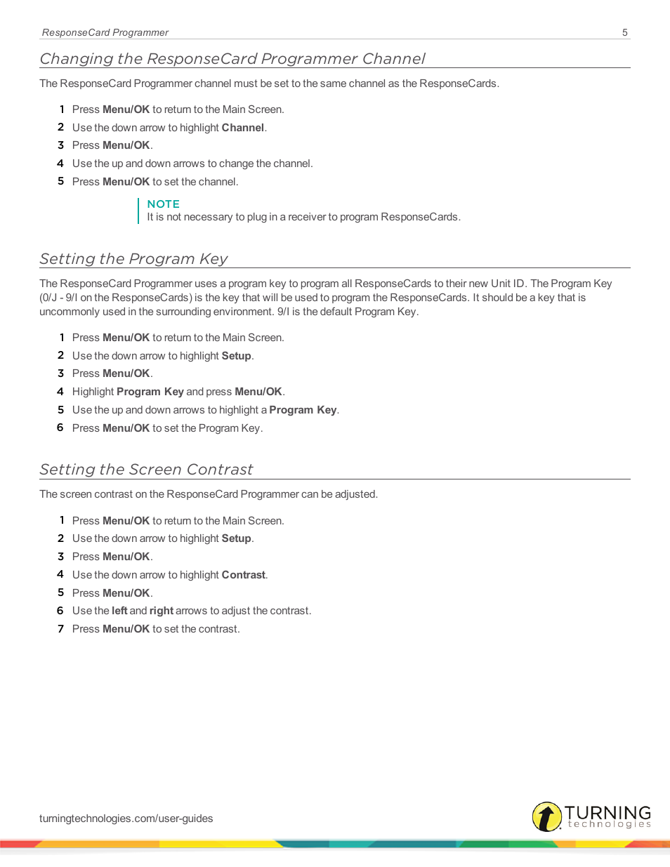 Changing the responsecard programmer channel, Setting the program key, Setting the screen contrast | Turning Technologies ResponseCard Programmer User Manual | Page 5 / 10
