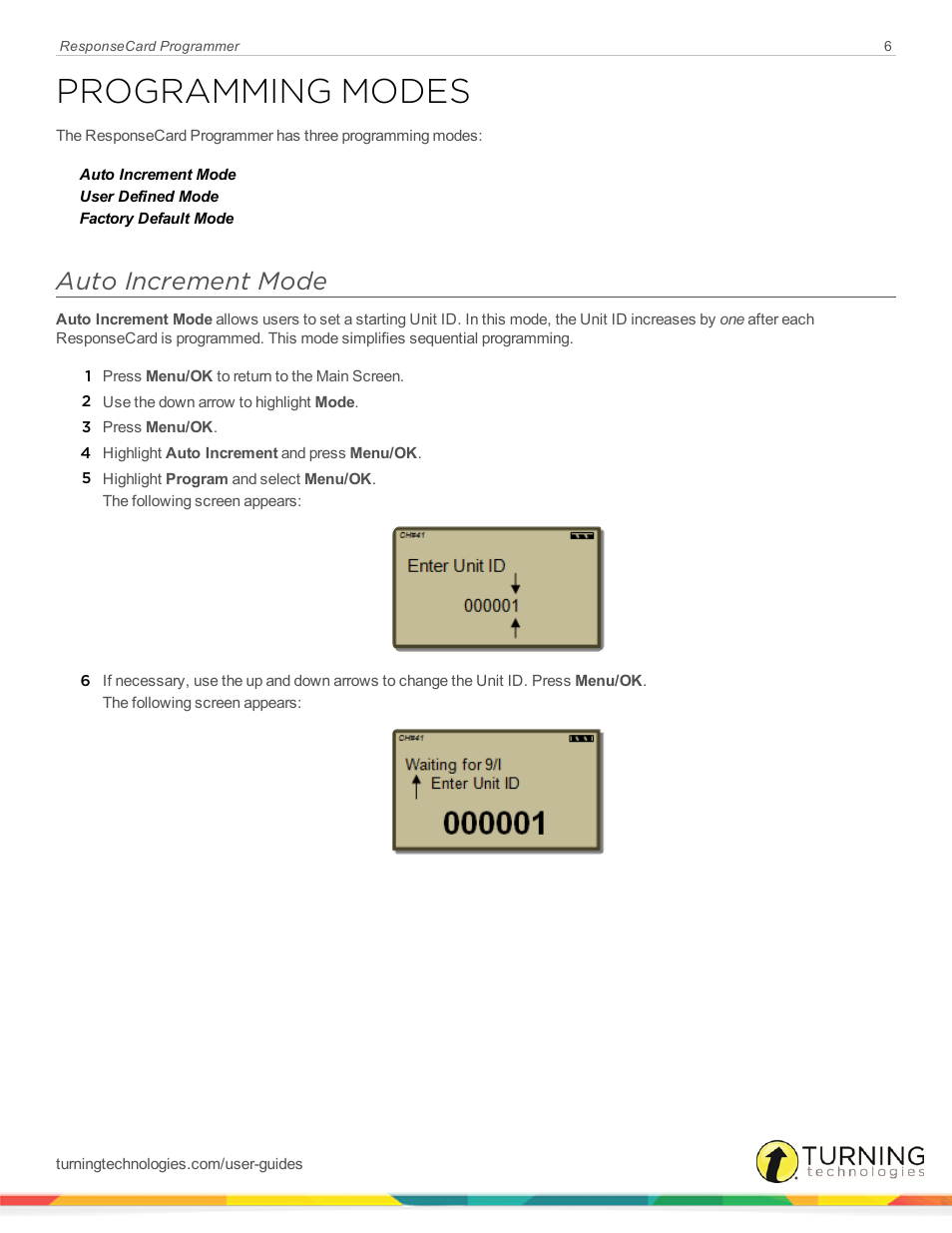 Programming modes, Auto increment mode | Turning Technologies ResponseCard Programmer User Manual | Page 6 / 10