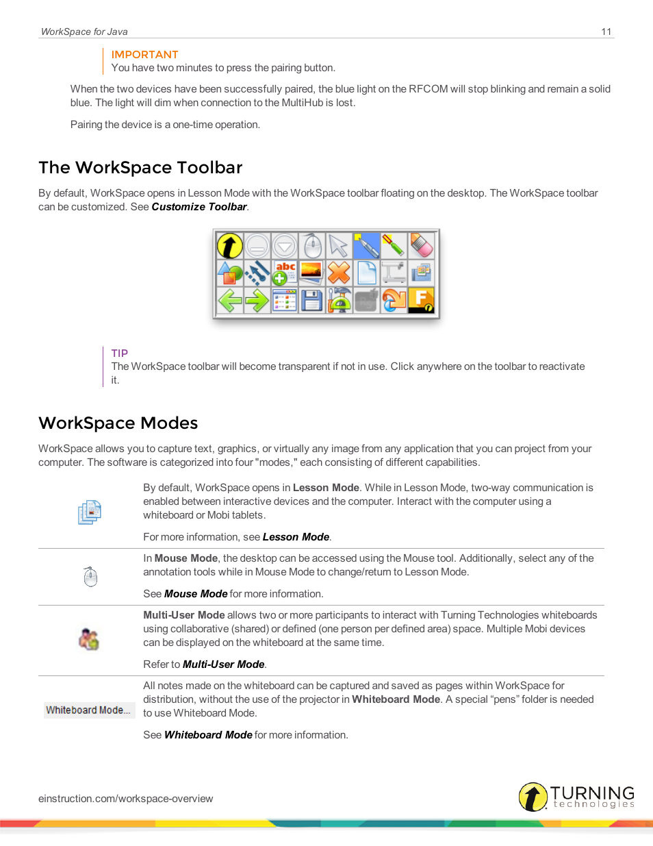 The workspace toolbar, Workspace modes | Turning Technologies WorkSpace User Manual | Page 11 / 41
