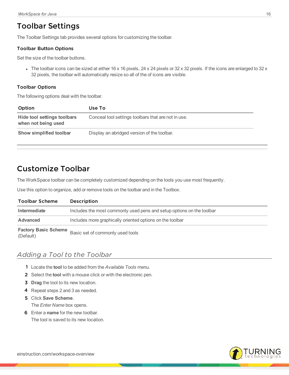 Toolbar settings, Customize toolbar, Adding a tool to the toolbar | Turning Technologies WorkSpace User Manual | Page 16 / 41