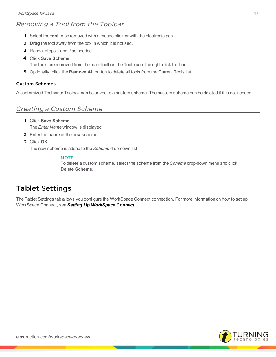 Removing a tool from the toolbar, Creating a custom scheme, Tablet settings | Turning Technologies WorkSpace User Manual | Page 17 / 41
